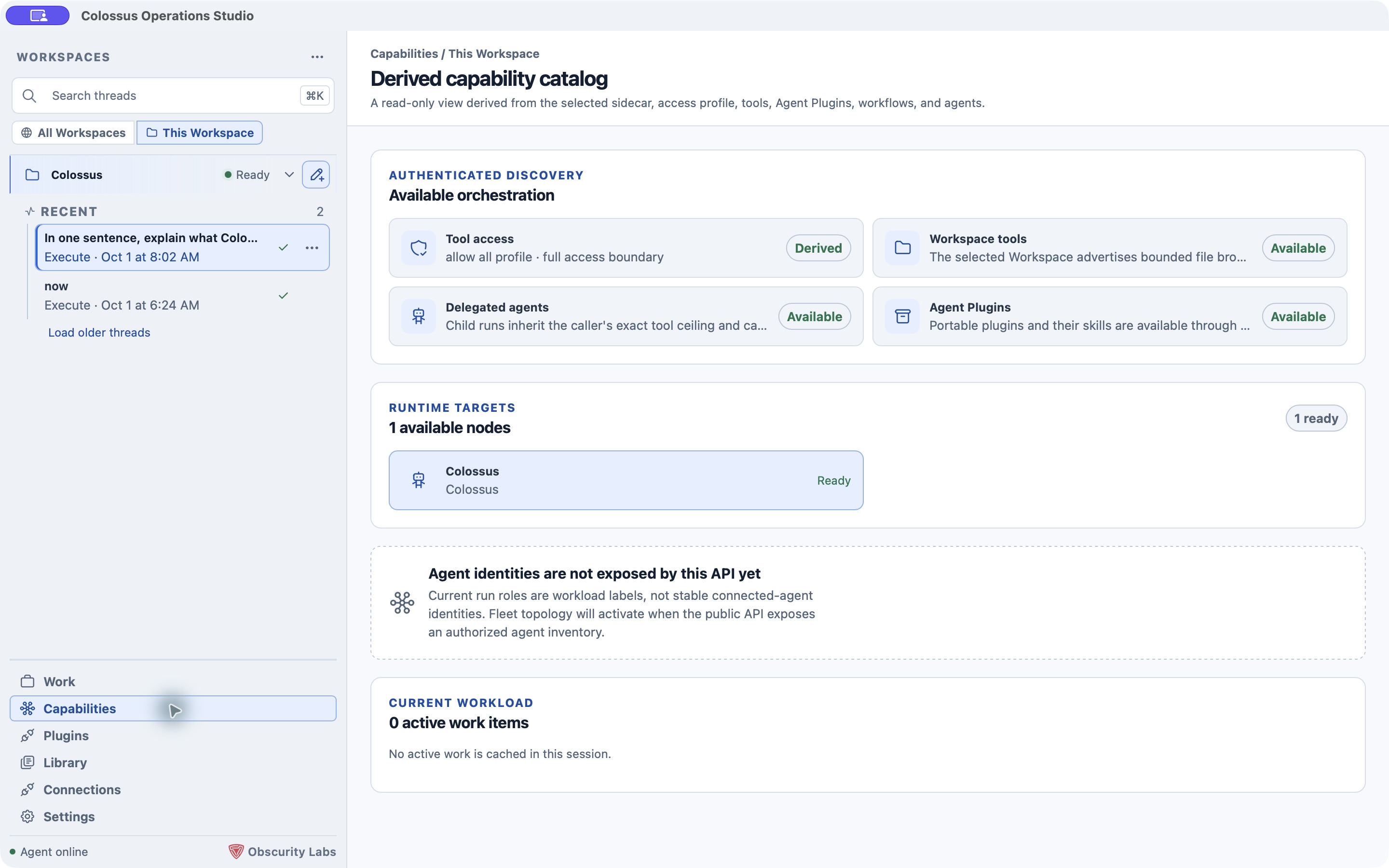 Connected Desktop capability catalog showing a ready Managed Local runtime and advertised tools