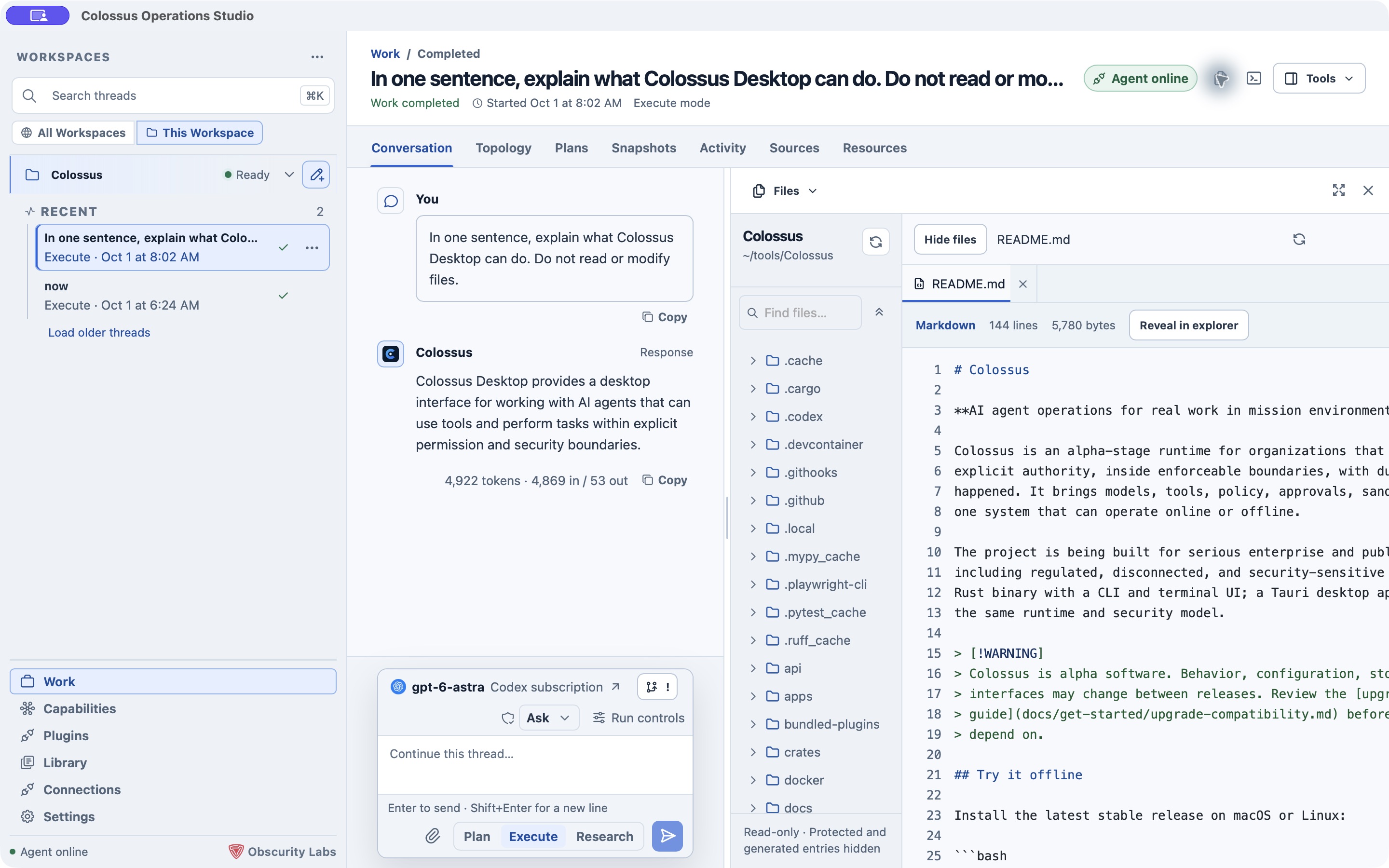A live Desktop conversation with the read-only Files pane open on a repository README