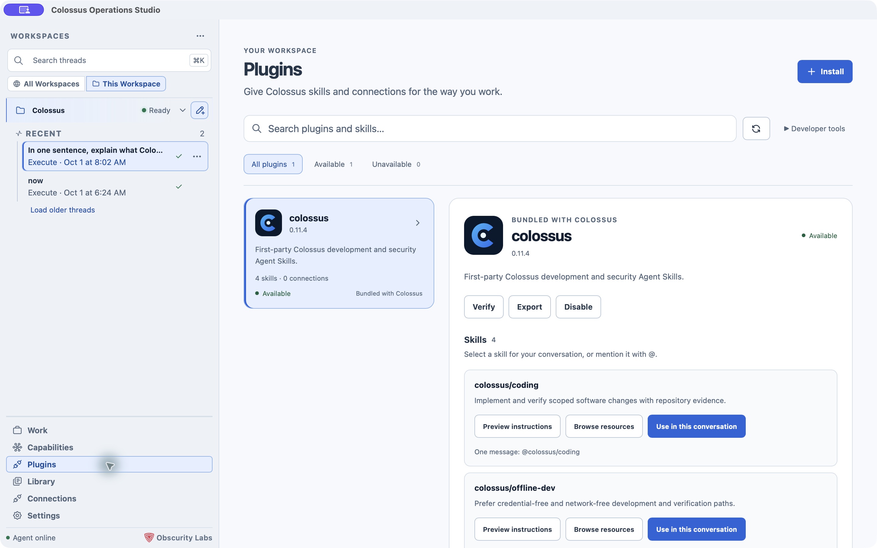Desktop Plugins page with the bundled Colossus skills available to a connected workspace