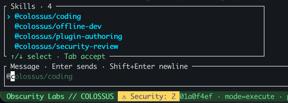 The terminal skill picker shows built-in Colossus skills, with coding selected.
