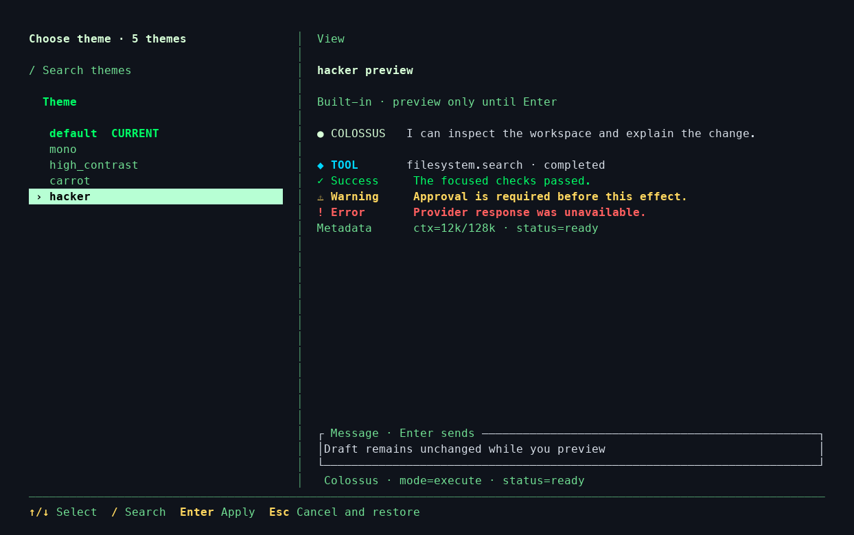 The Colossus theme browser with built-in themes on the left and a live preview on the right.