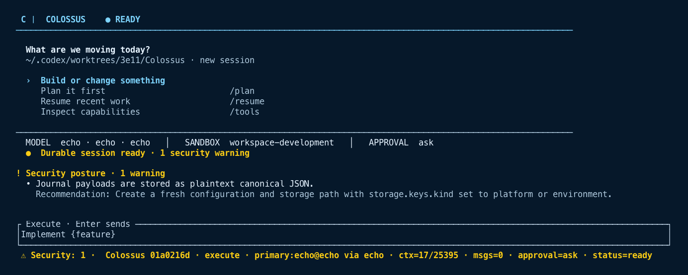 Current Colossus terminal launch rail showing workspace, model route, sandbox profile, approval mode, security posture, composer, and readiness